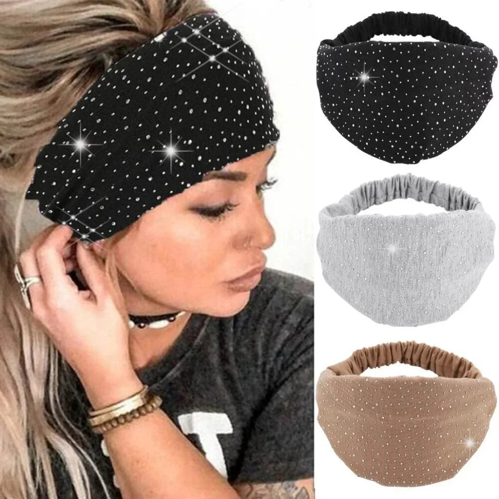 Rhinestone Headband Set Elastic Wide Hair Wraps Sporty Fashion Accessories